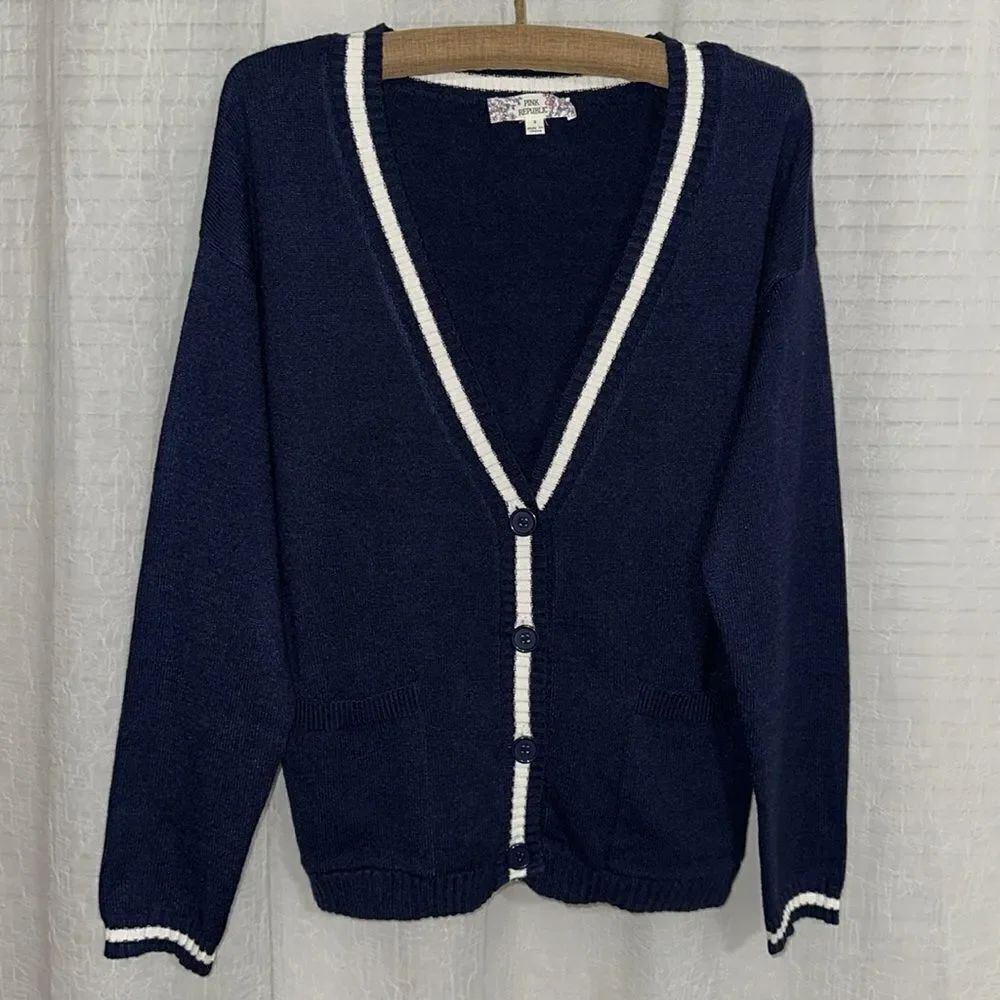 Pink Republic XS-S Navy White Stripe Knit Button V-Neck Cardigan with Pockets - Picture 6 of 16